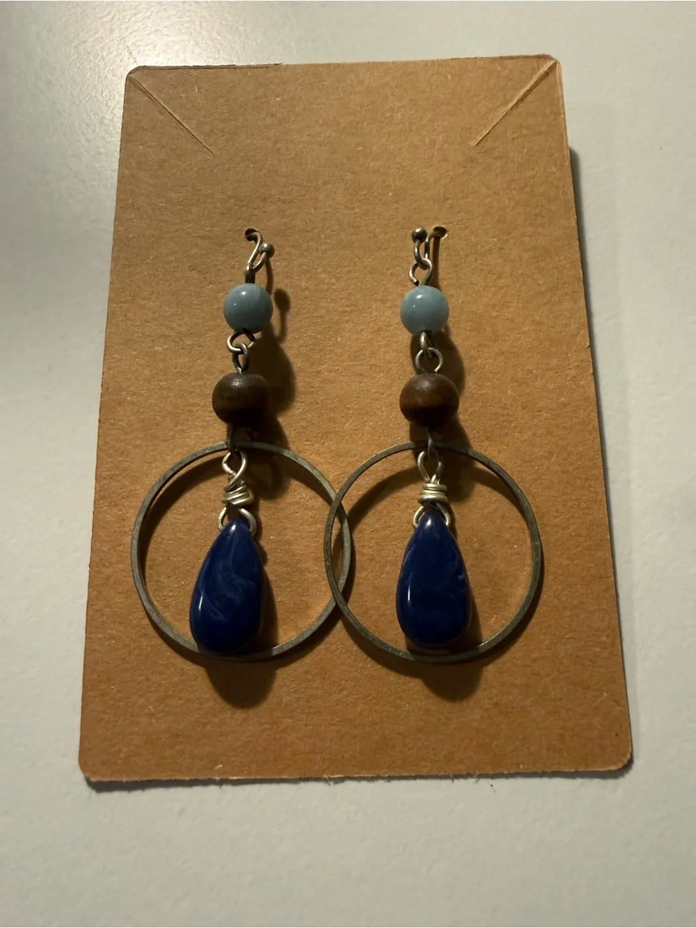 Handcrafted Artisan Blue Teardrop Hoop Earrings with Wood Bead